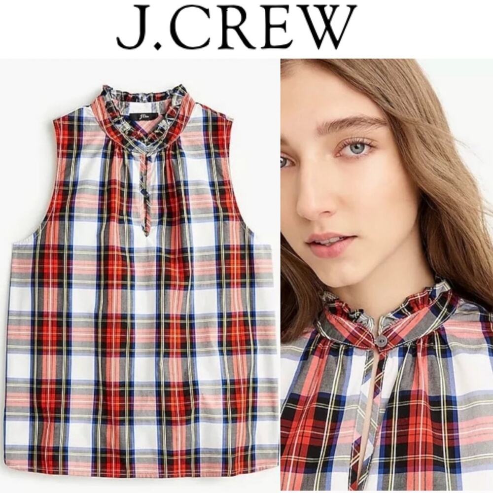 J.Crew Stewart Tartan Plaid Ruffle Sleeveless Cotton Top K5932 Holiday NWT 00